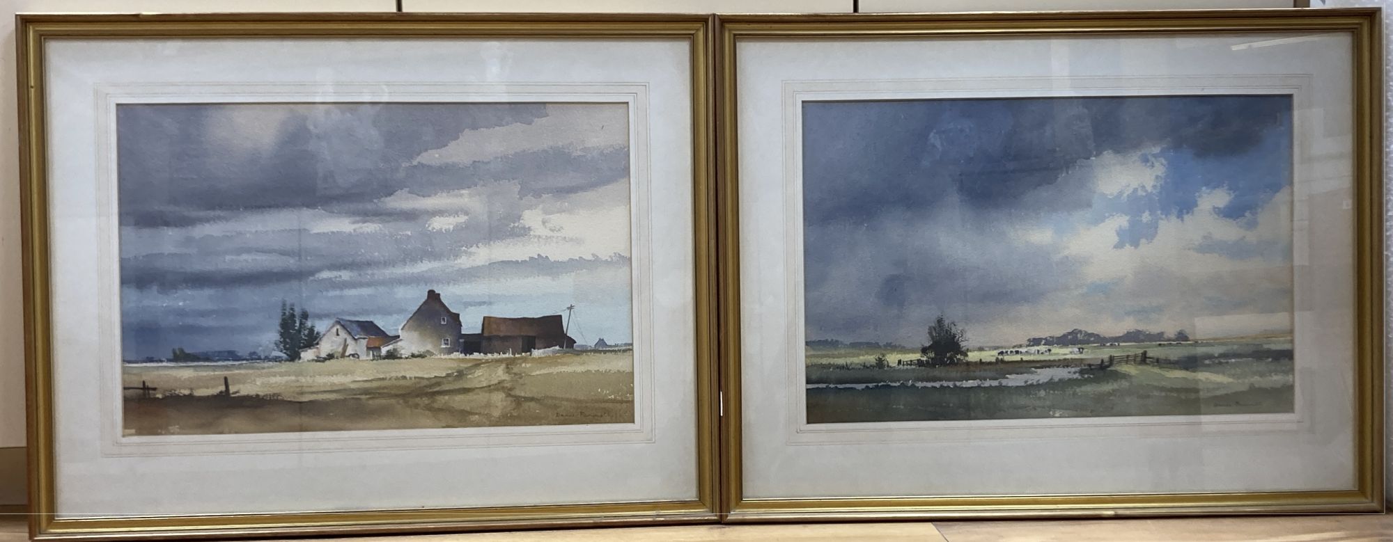 Dennis Pannett (1939-), two watercolours, Cattle in a landscape and Farmhouse beneath clouds, signed, 35 x 54cm